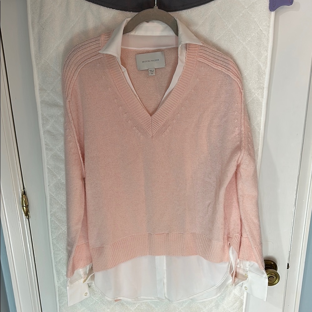 Brochu Walker Pink V-Neck Sweater Lightweight Knit